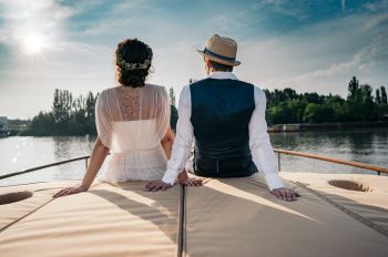 Bride and Groom on the foredeck of the Motoryacht FITZGERALD